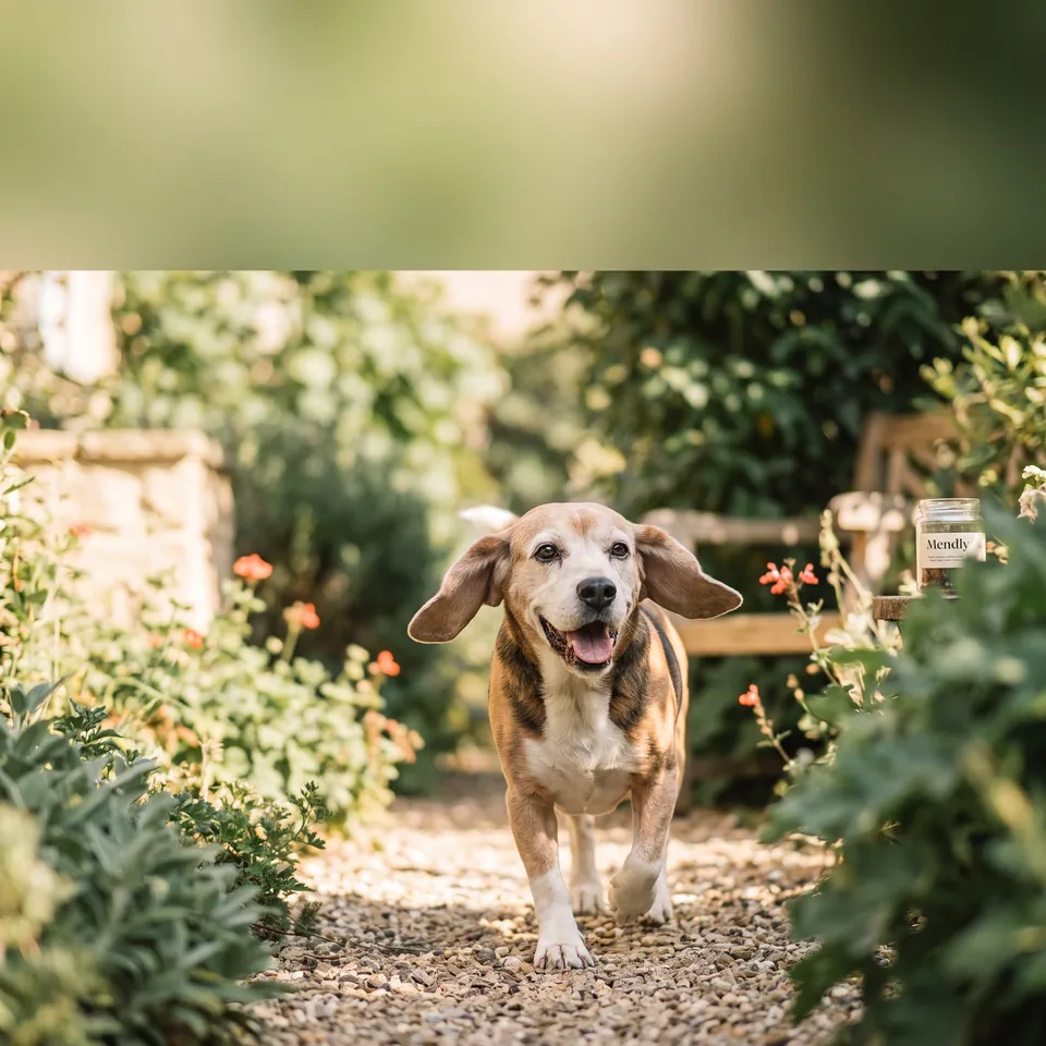 Beagle âgé qui trottine joyeusement dans un jardin