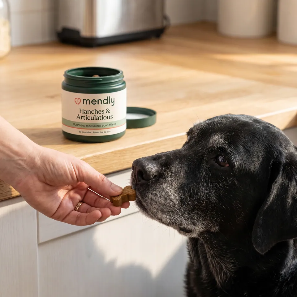 Une main tend une bouchée Mendly à un labrador âgé