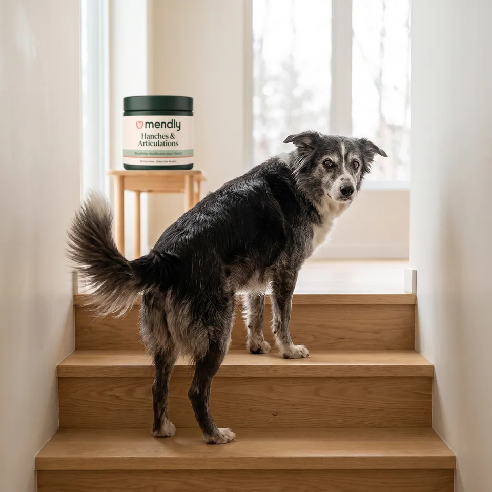 Chien âgé qui monte l’escalier avec assurance