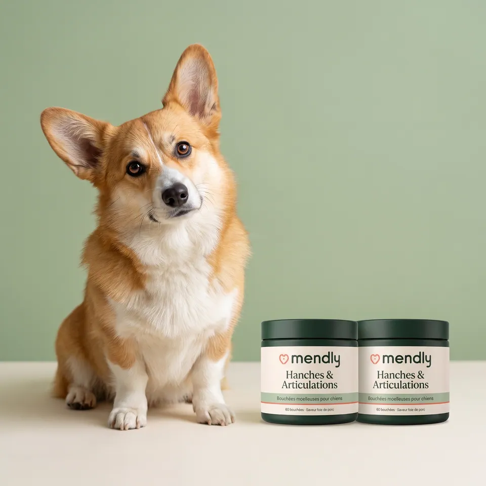 Corgi assis à côté de deux pots Mendly