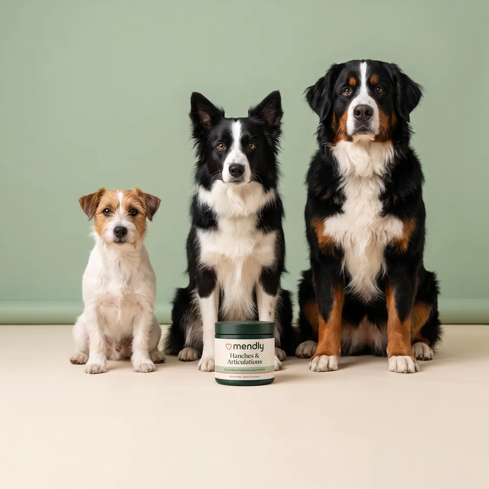 Trois chiens de tailles différentes assis devant le pot Mendly