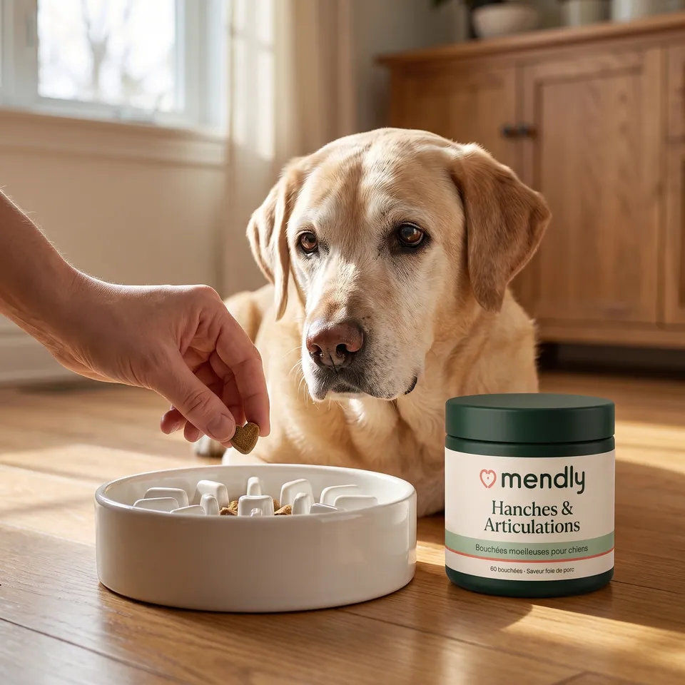 Une bouchée Mendly déposée dans la gamelle d’un labrador