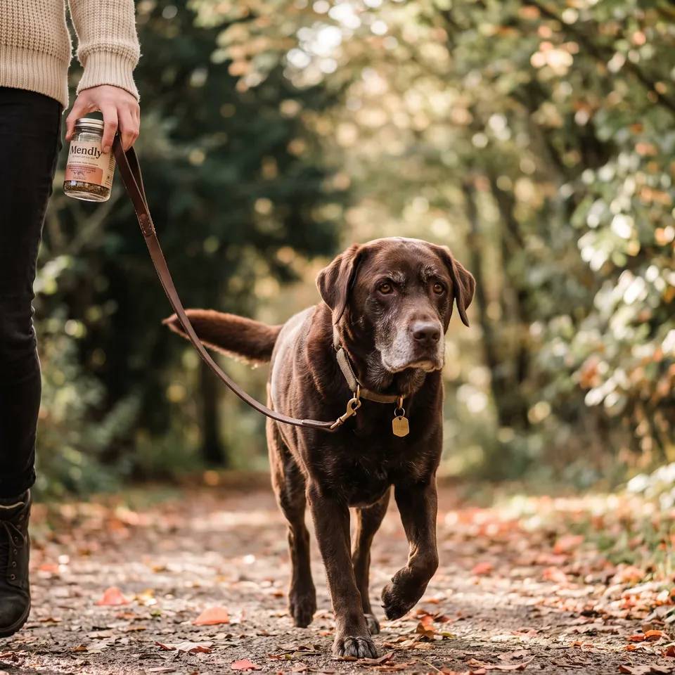 Labrador âgé en promenade d’un bon pas