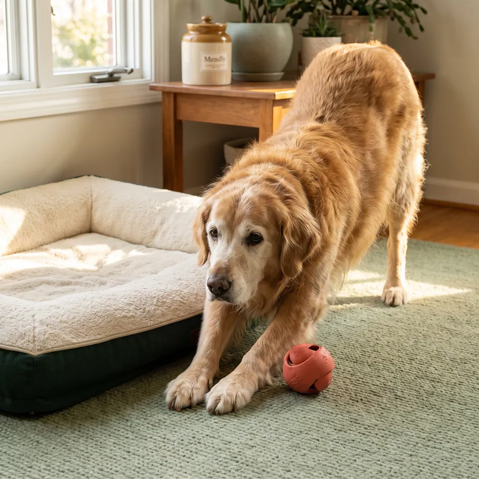 Golden retriever âgé qui s’étire au réveil