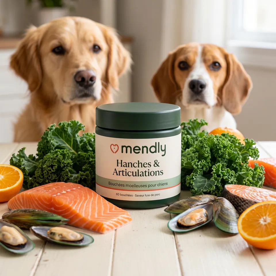Pot Mendly entouré d’ingrédients frais : saumon, chou kale, moules et orange