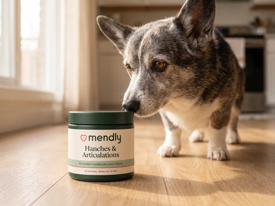 Corgi âgé qui renifle le pot Mendly