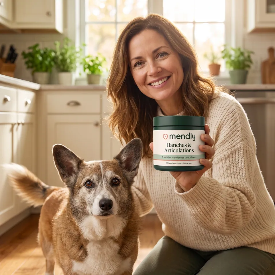 Propriétaire souriante avec son corgi âgé et le pot Mendly