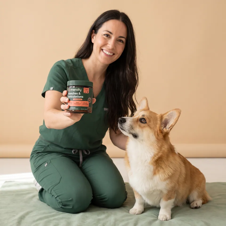Une soignante tient le pot Mendly à côté d’un corgi